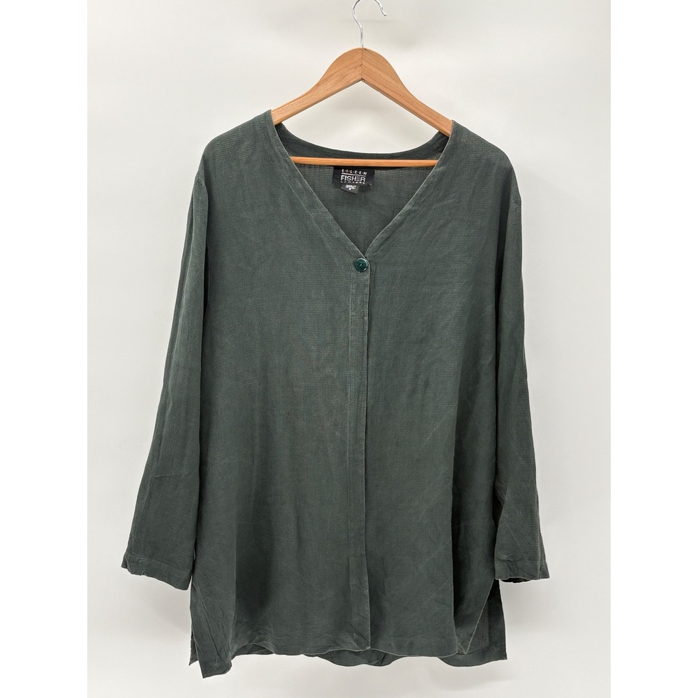 Vintage Eileen Fisher Silk Top Cardigan Blouse Large Green Lagenlook Minimalist